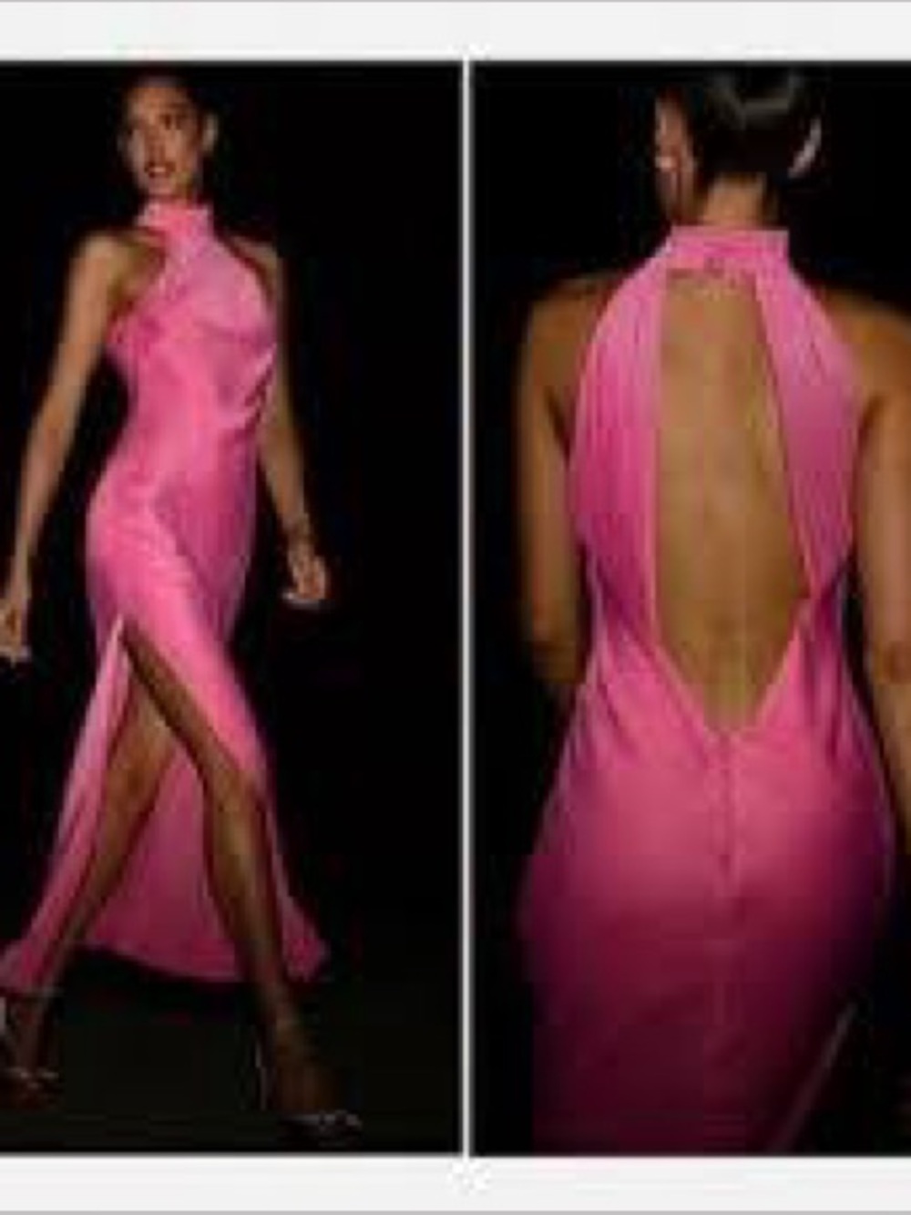 MESHKI women’s pink halter Claire Satin Drape Back Maxi Dress w slit sz medium